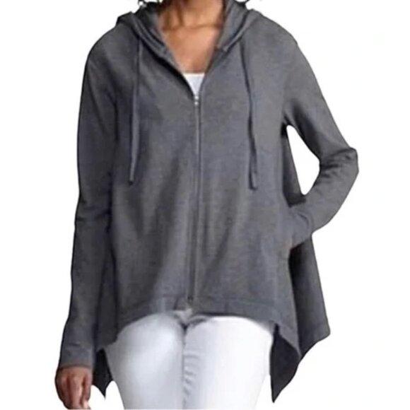Eileen Fisher Tops - EILEEN FISHER HOODIE ZIP GREY SHARK BITE HEM SWING A-LINE LONG SLEEVE ORGANIC CO